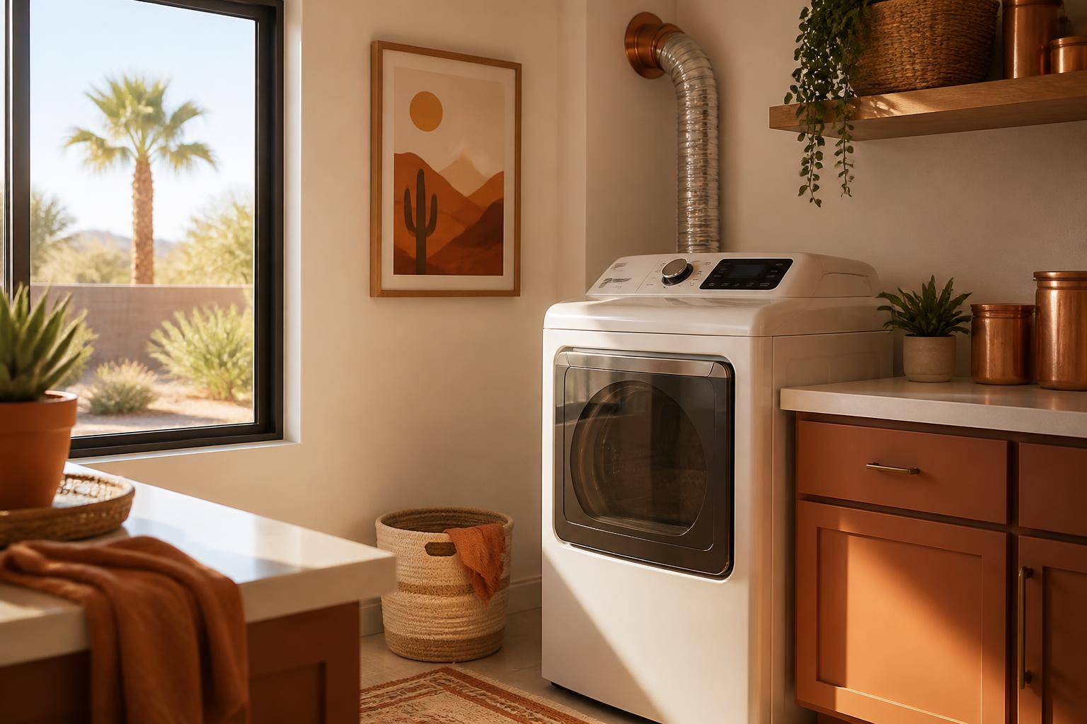 Sunlit Phoenix laundry room with a modern dryer and exposed vent ducting